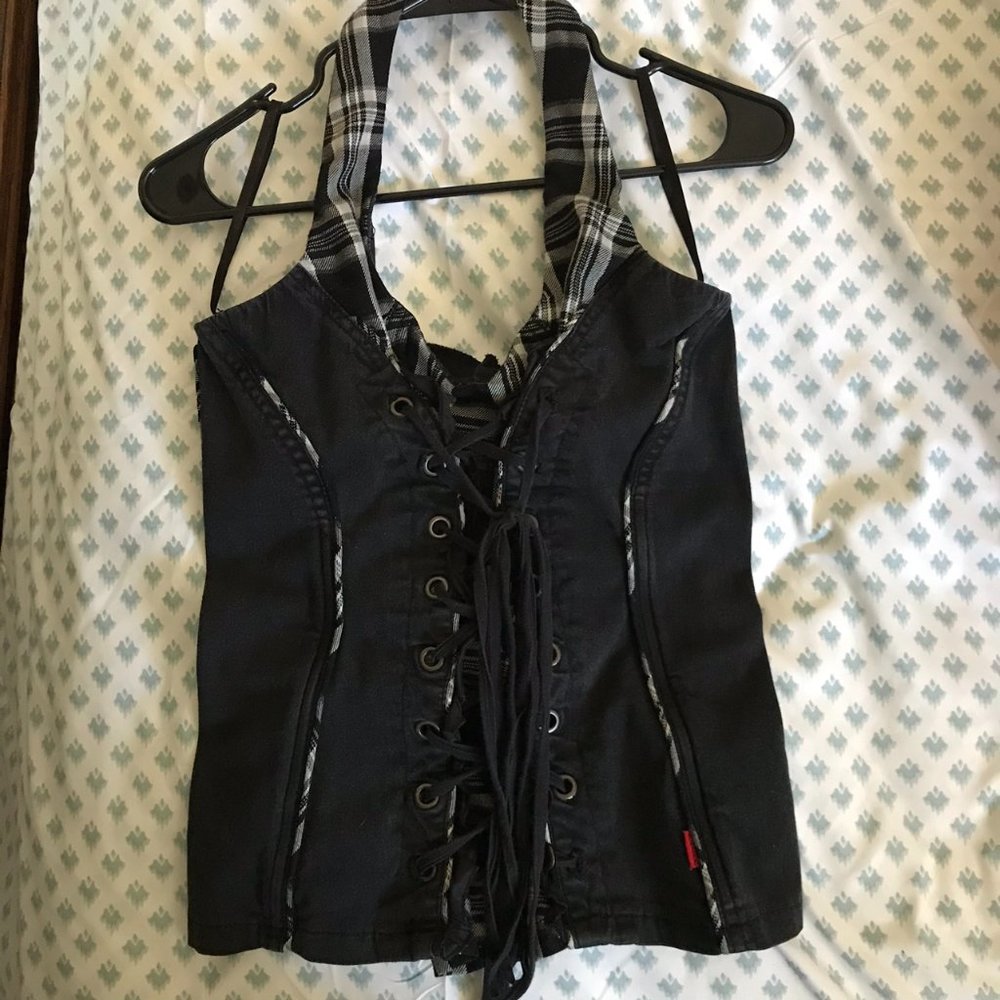 vintage tripp nyc b&w plaid corset top
